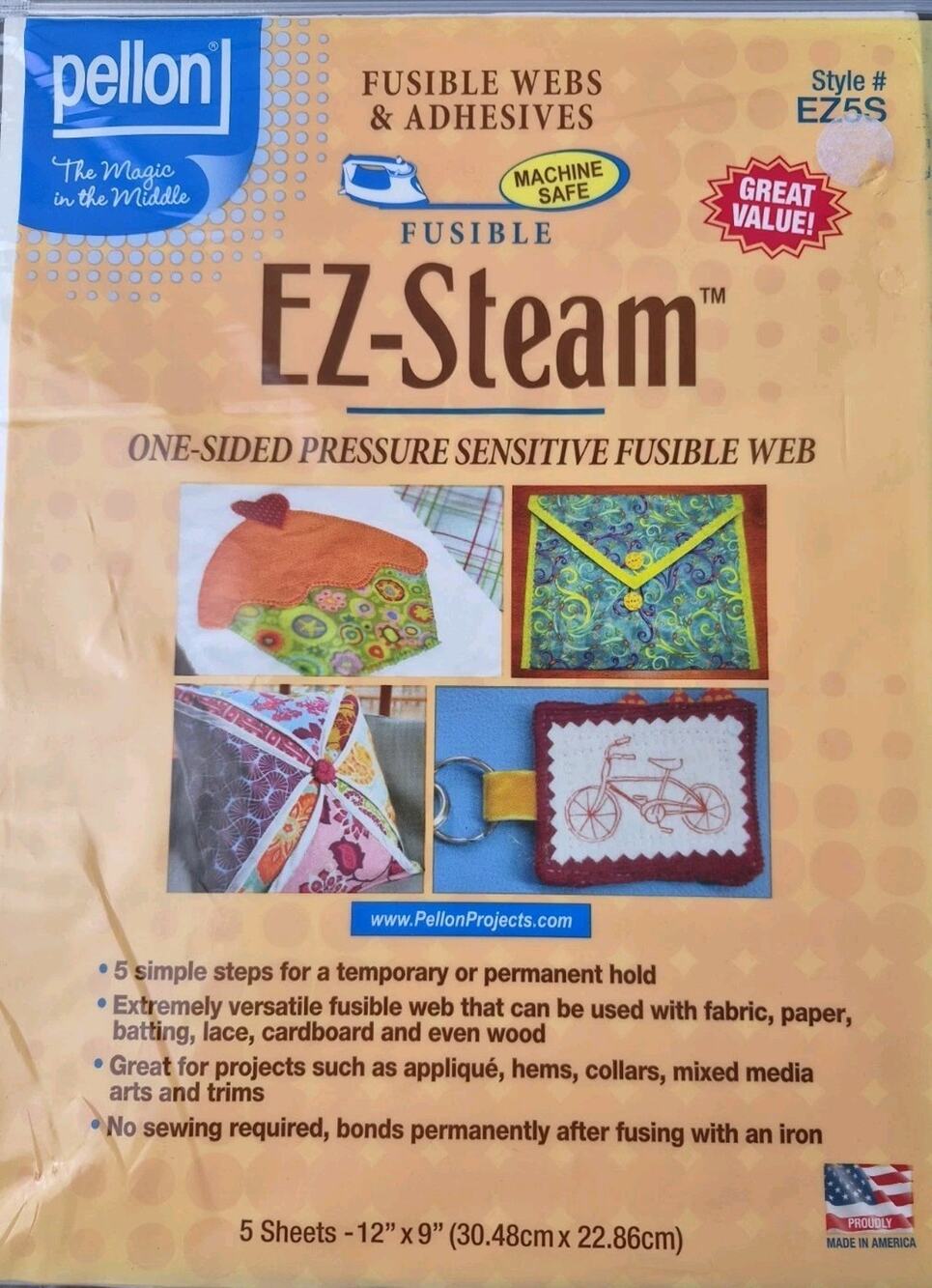 Pellon EZ5S EZ-Steam 12" x 9", 5 Sheets One-Sided Pressure Sensative Fusible Web
